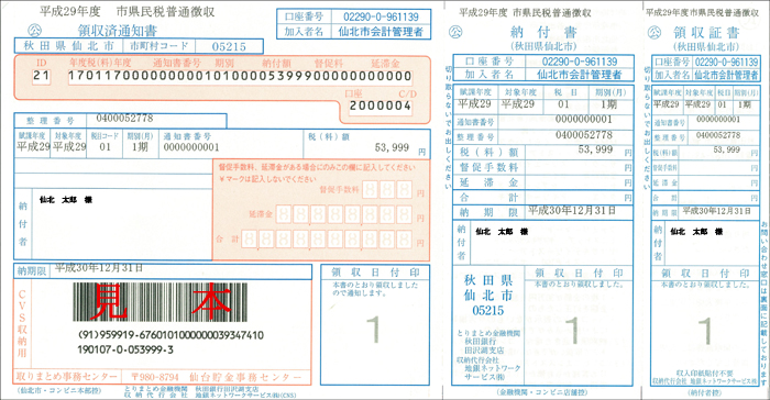 コンビニ収納用バーコードが印字された納付書の見本（市税等の納付書）